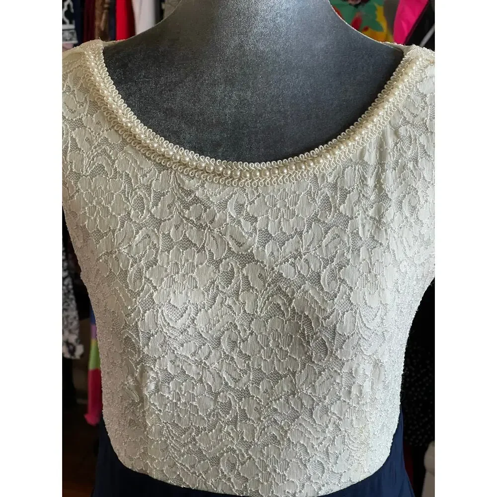 Connected Apparel Womens Dress Ivory Lace, Blue Tiered Bottom Size 6
